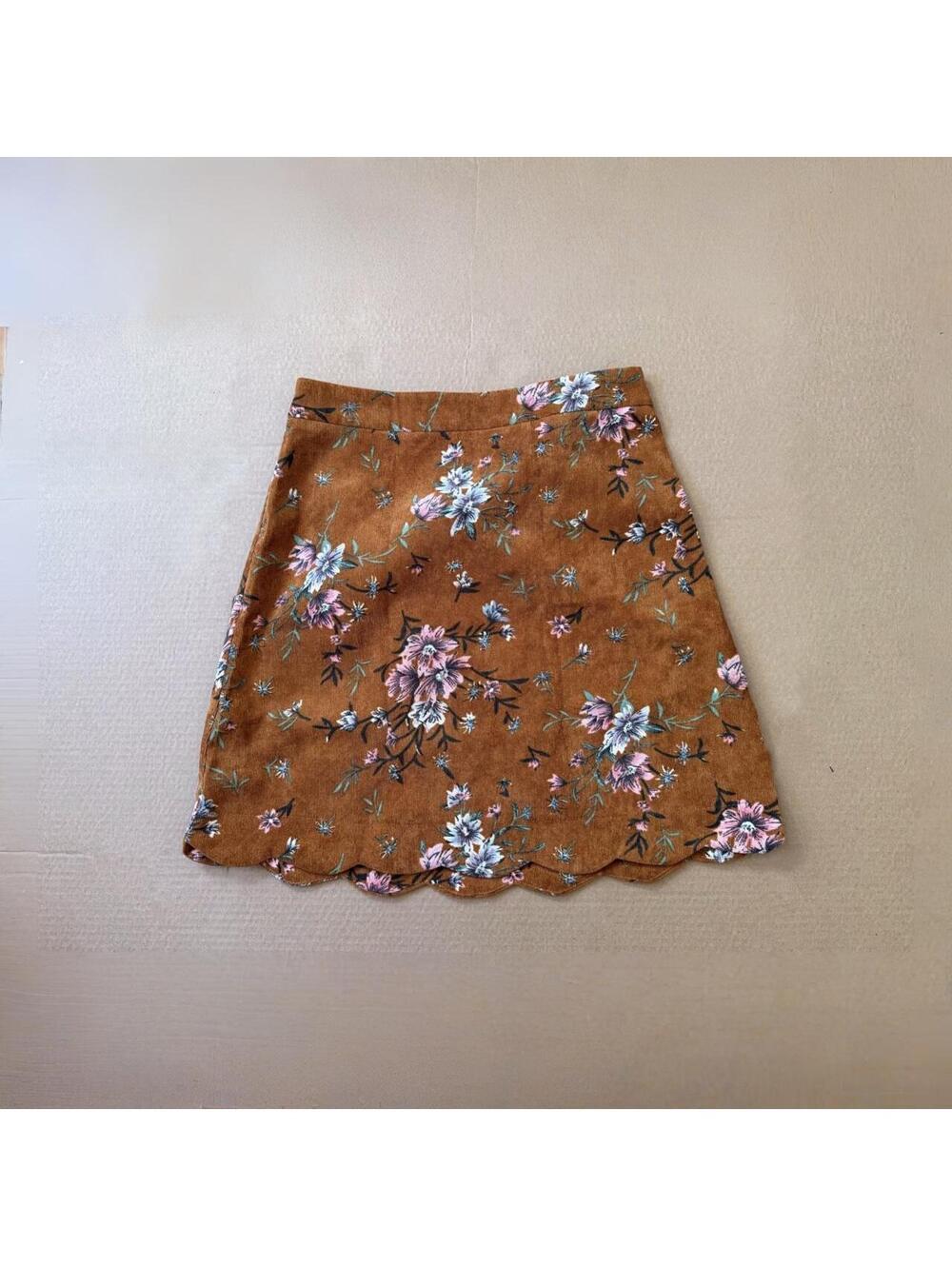 brown suede floral mini skirt